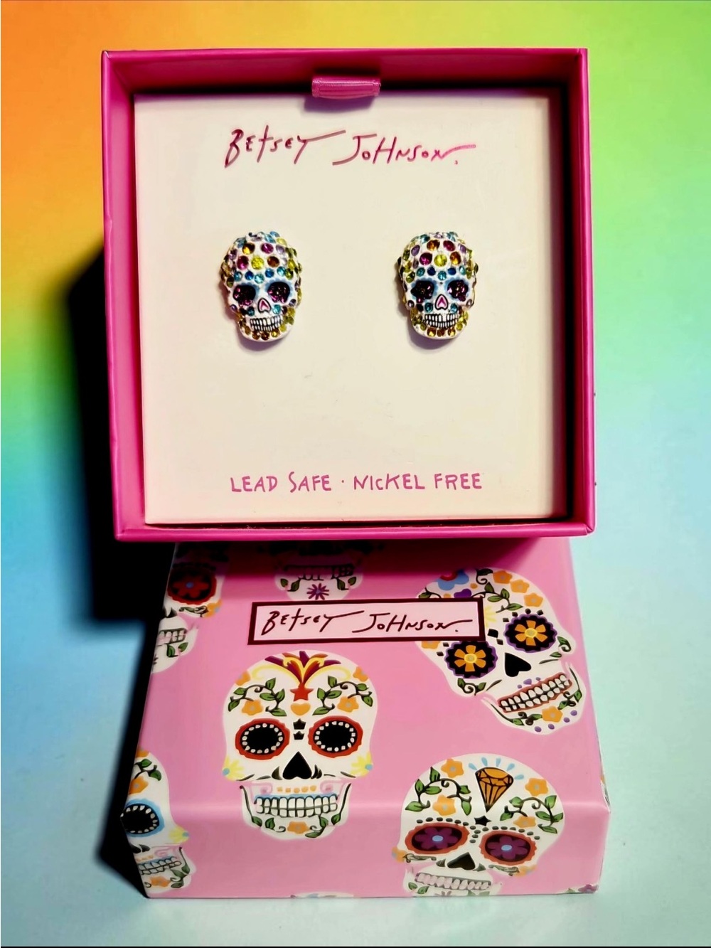 Betsey Johnson sugar skull stud earrings white with colorful crystals NIB/NWT